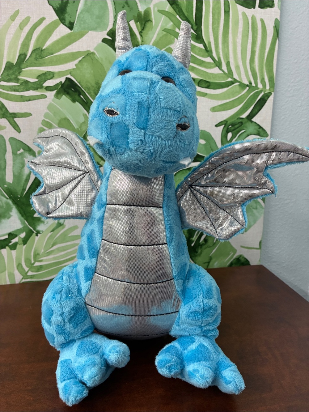 Hug Fun Blue Plush Dragon with Silver Wings, belly & horns  bit over 13 inches